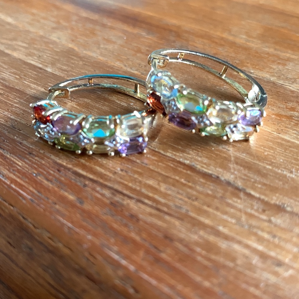 Vintage sterling 925 colored crystal hoops earrings